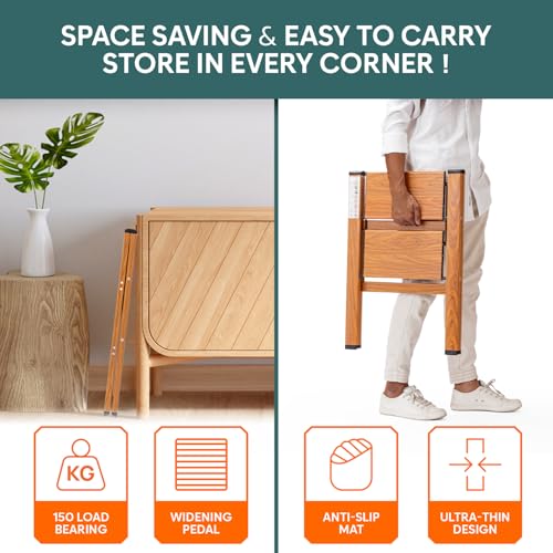Corvids 2-Steps Premium Folding Step Stool | 2-Year Warranty | Wide Anti-Slip Pedal, Portable Lightweight Aluminum Step Ladder for Home and Office Use (Teak) - Image 3