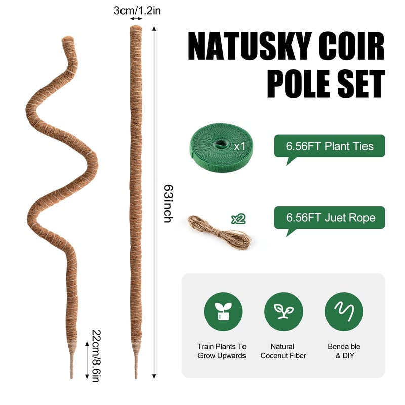 NATSUKY 2 Pack Moss Pole, 63 Inch Bendable Moss Poles for Plants Monstera Long for Climbing Plants, Extra Large Handmade Pole Plant Sticks Support Stakes for Indoor Plants to Grow Upwards - Image 4