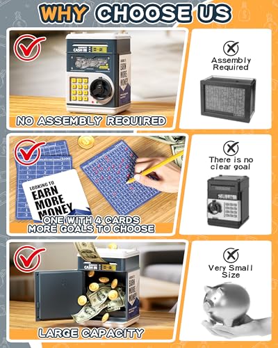 STACTCUTE Piggy Bank for Kids Boys 513 with 4 Saving Record Cards Kids Money Safe Banks for Real Money with 4Digit Password Electronic Piggy Bank Toys for Boys Girls with ATMStyle Cash Slot Navy - Image 5