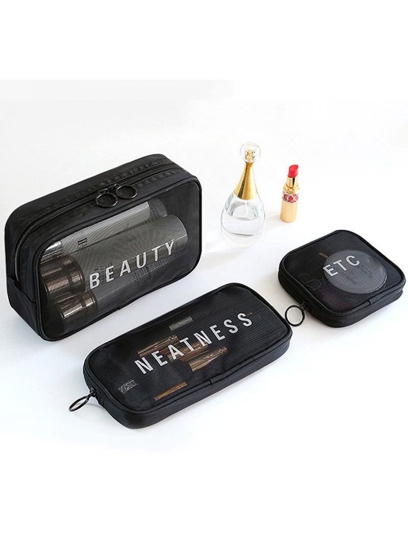 HomarKet Cosmetic Bag,3 Pcs Toiletry Bag Makeup Bag Travel Bag Set for Toiletries, Portable Toiletry Bags for Traveling Women, Translucent Waterproof Make Up Bag for Travel and Bathroom (Black) - Image 1