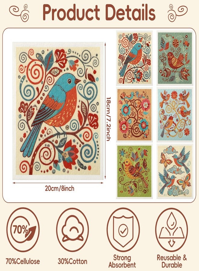 تيجيمي مجموعة من 12 قطعة من مناشف الأطباق السويدية من تيغيمي، 6 أنماط طيور وزهور، فائقة الامتصاص، قابلة لإعادة الاستخدام، سريعة الجفاف، قابلة للغسل، مصنوعة من الإسفنج، مثالية لتنظيف أسطح المطبخ وغسالة الأطباق والمنزل. متينة - Image 2