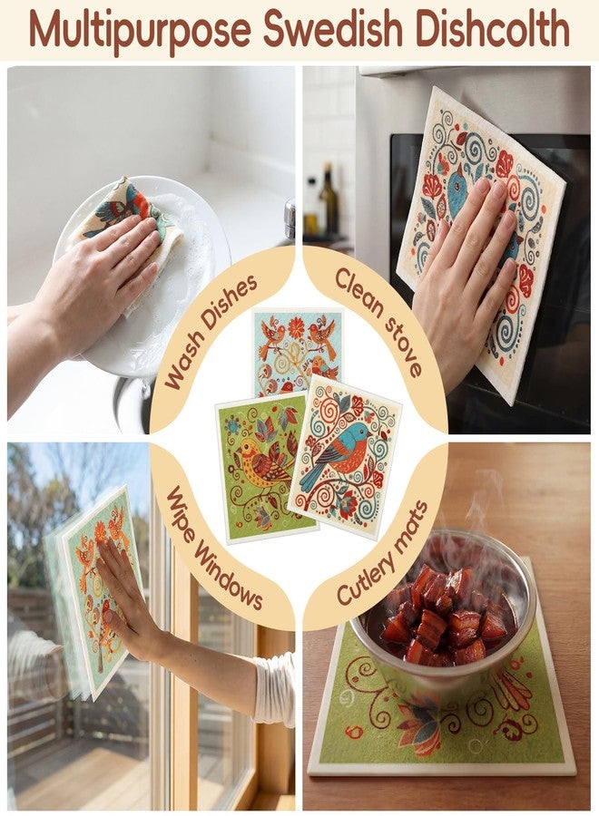 تيجيمي مجموعة من 12 قطعة من مناشف الأطباق السويدية من تيغيمي، 6 أنماط طيور وزهور، فائقة الامتصاص، قابلة لإعادة الاستخدام، سريعة الجفاف، قابلة للغسل، مصنوعة من الإسفنج، مثالية لتنظيف أسطح المطبخ وغسالة الأطباق والمنزل. متينة - Image 3