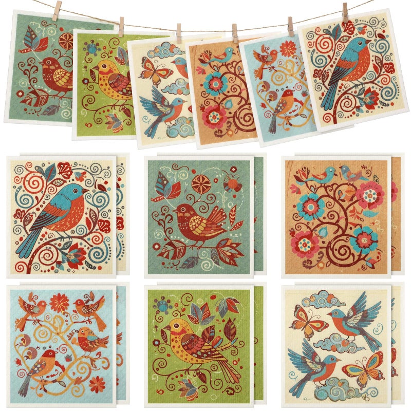 تيجيمي مجموعة من 12 قطعة من مناشف الأطباق السويدية من تيغيمي، 6 أنماط طيور وزهور، فائقة الامتصاص، قابلة لإعادة الاستخدام، سريعة الجفاف، قابلة للغسل، مصنوعة من الإسفنج، مثالية لتنظيف أسطح المطبخ وغسالة الأطباق والمنزل. متينة - Image 1