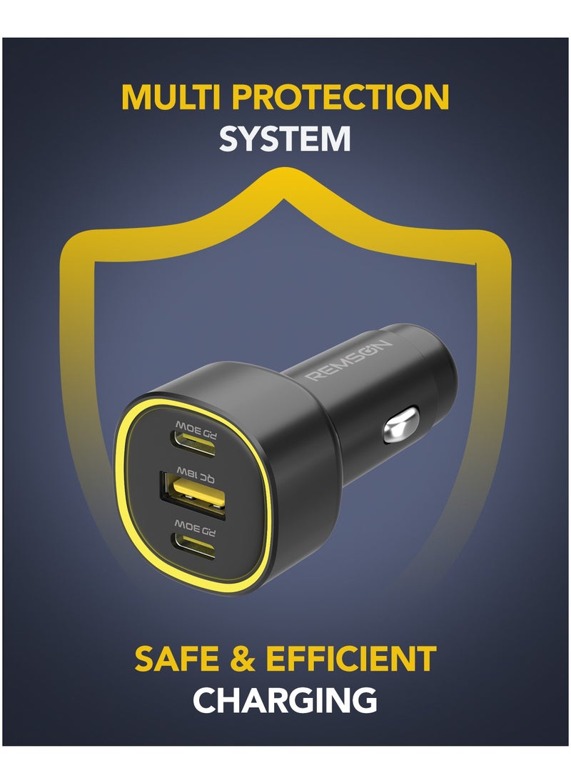 Remson - Remson Neo Power Car Charger PD 60W 2 USB-C Port/ 1 USB-A Port and 1 USB-C Cable Fast Charging Compatible For iPhone 16 Pro/ Pro Max/16/15/14/13/12, Galaxy, S24/S23/S22/S21, iPad Pro 6/Air 5 - Image 1