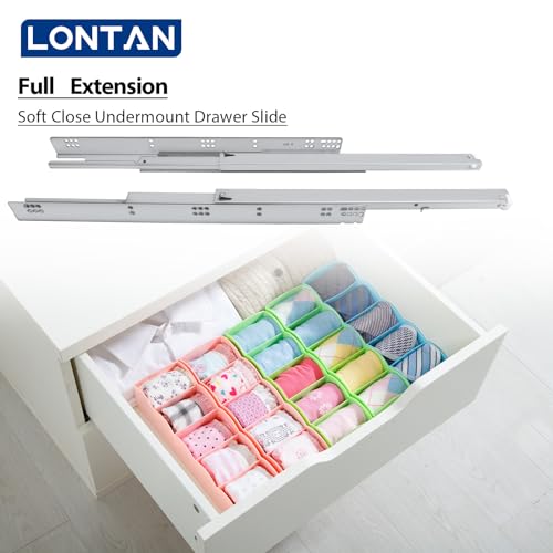 LONTAN لونتان 1 زوج من منزلقات الأدراج الناعمة الإغلاق تحت السطح 21 بوصة مع تمديد كامل مع جهاز قفل قابل للتعديل ثلاثي الأبعاد وحوامل تركيب خلفية، قضبان تركيب مخفية بسعة 100 رطل - Image 5