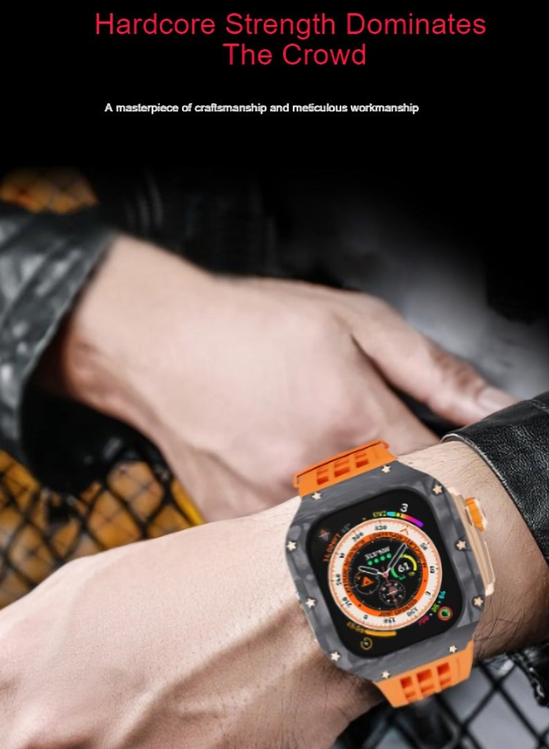 AROAQ Carbon Fiber Case For Apple Watch, 49mm Fluororubber Band Metal Bazel For Iwatch, Ultra Titanium Alloy Integrated Protective Case, (Carbon shell-black titanium frame-orange tape) - Image 2