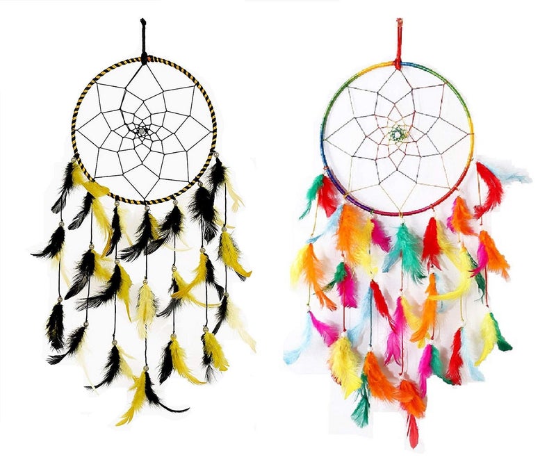 BS AMOR Dream Catcher | Wall Hanging | Handmade Beaded Multicolor Circular Net Decoration (Pack of 2) - Image 1