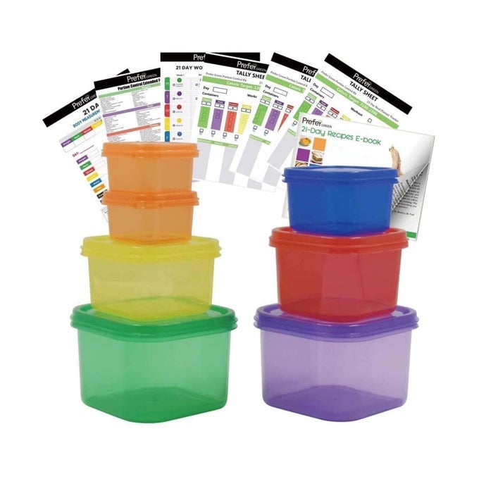 7 PCS PORTION CONTROL CONTAINERS KIT WITH COMPLETE GUIDE 21 DAY DAILY TRACKER 21 DAY MEAL PLANNER RECIPES PDFLABELCODEDMULTICOLORCODED SYSTEMPERFECT SIZE FOR LOSE WEIGHT