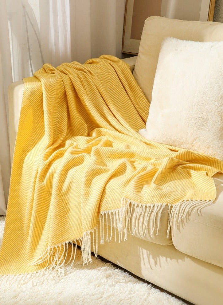 Loquat Stripes Tassel Design Knitted Soft Throw Blanket Yellow - Image 1