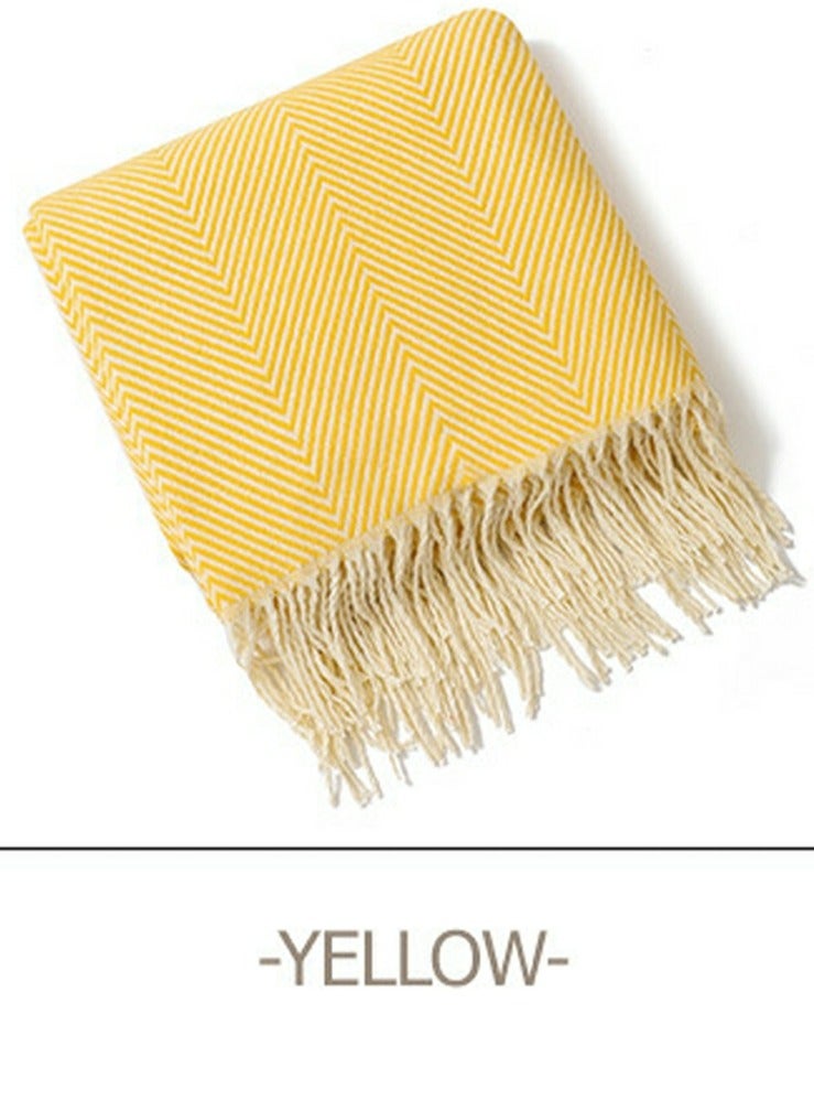 Loquat Stripes Tassel Design Knitted Soft Throw Blanket Yellow - Image 4