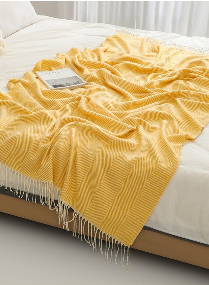 Loquat Stripes Tassel Design Knitted Soft Throw Blanket Yellow - Image 3
