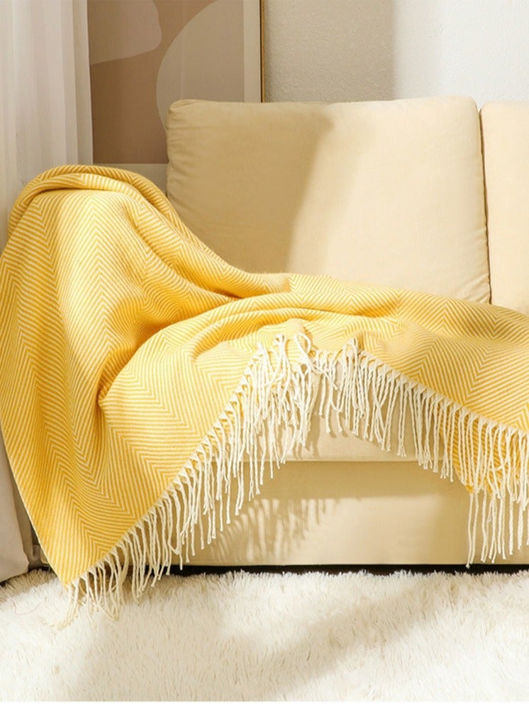 Loquat Stripes Tassel Design Knitted Soft Throw Blanket Yellow - Image 2