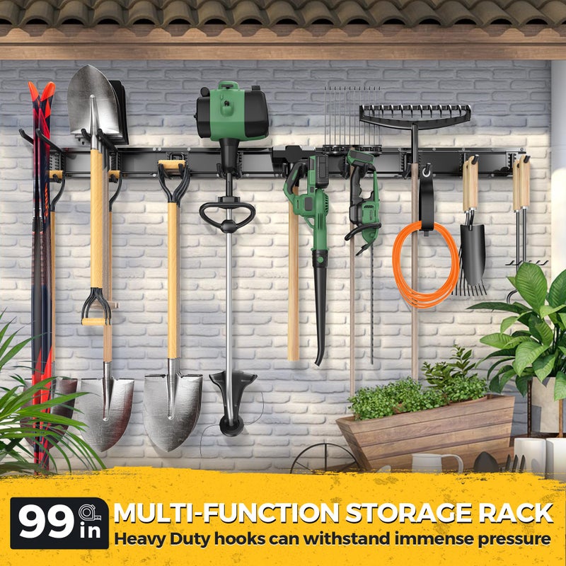 LBT 99" Garage Tool Organizer Wall Mount - 1000lbs Garden Tool Organizer with Adjustable Hooks, Heavy Duty Metal Garage Storage Rack, Anti-Rust Shed Rack Holder Hanging Rake Broom Mower Snowboard - Image 3