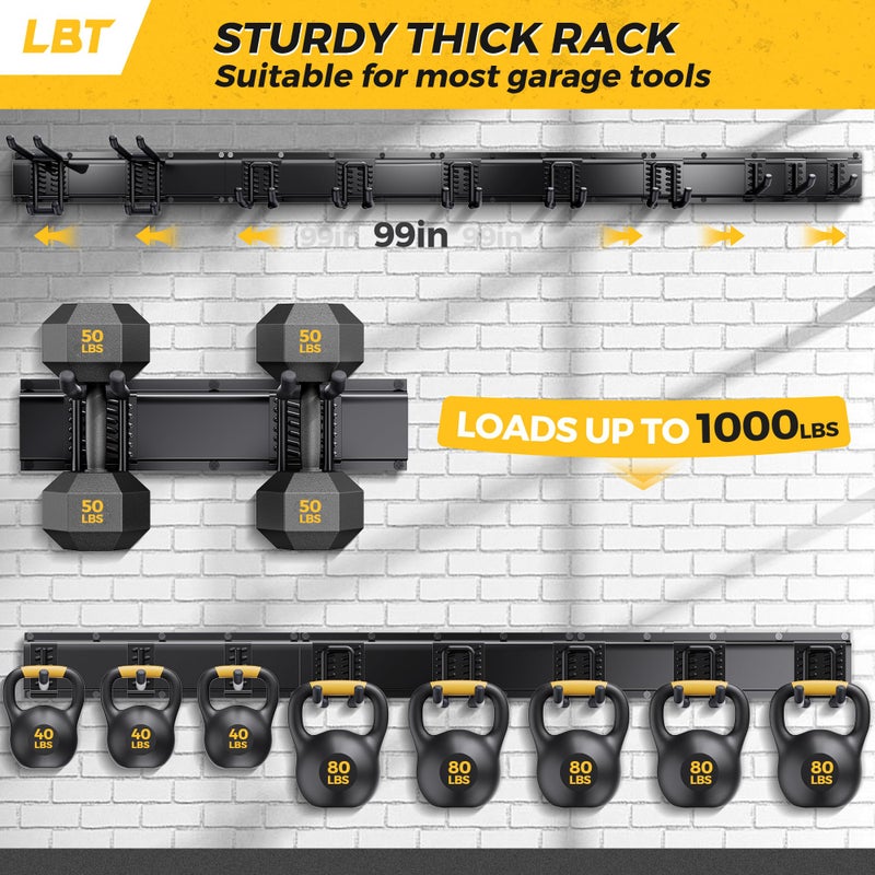 LBT 99" Garage Tool Organizer Wall Mount - 1000lbs Garden Tool Organizer with Adjustable Hooks, Heavy Duty Metal Garage Storage Rack, Anti-Rust Shed Rack Holder Hanging Rake Broom Mower Snowboard - Image 2