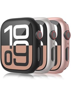 3 Pack Case for Apple Watch Series 10 42mm Hard PC Case with Tempered Glass Screen Protector Waterproof Anti-Scratch Ultra-Thin Protective Cover for iWatch, Black/Rose Gold/Starlight