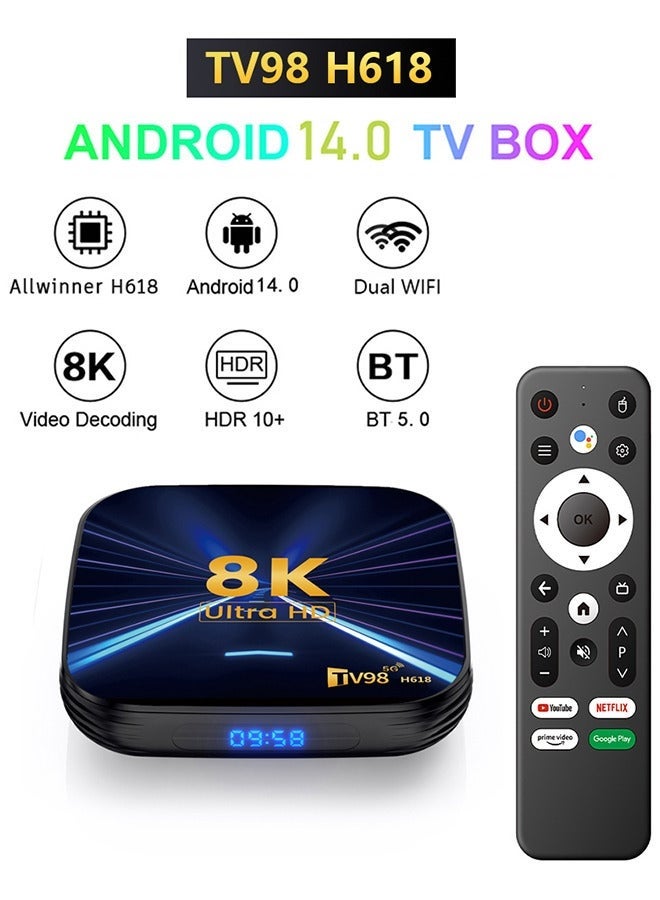 تلفزيون صندوق تلفاز ذكي يعمل بنظام أندرويد 14.0، 4G/64G، 2.4G، 5G، واي فاي مزدوج، 6 قنوات، H.265، 8K، Allwinner H618، مشغل وسائط UHD رباعي النواة، أجهزة فك التشفير - Image 1