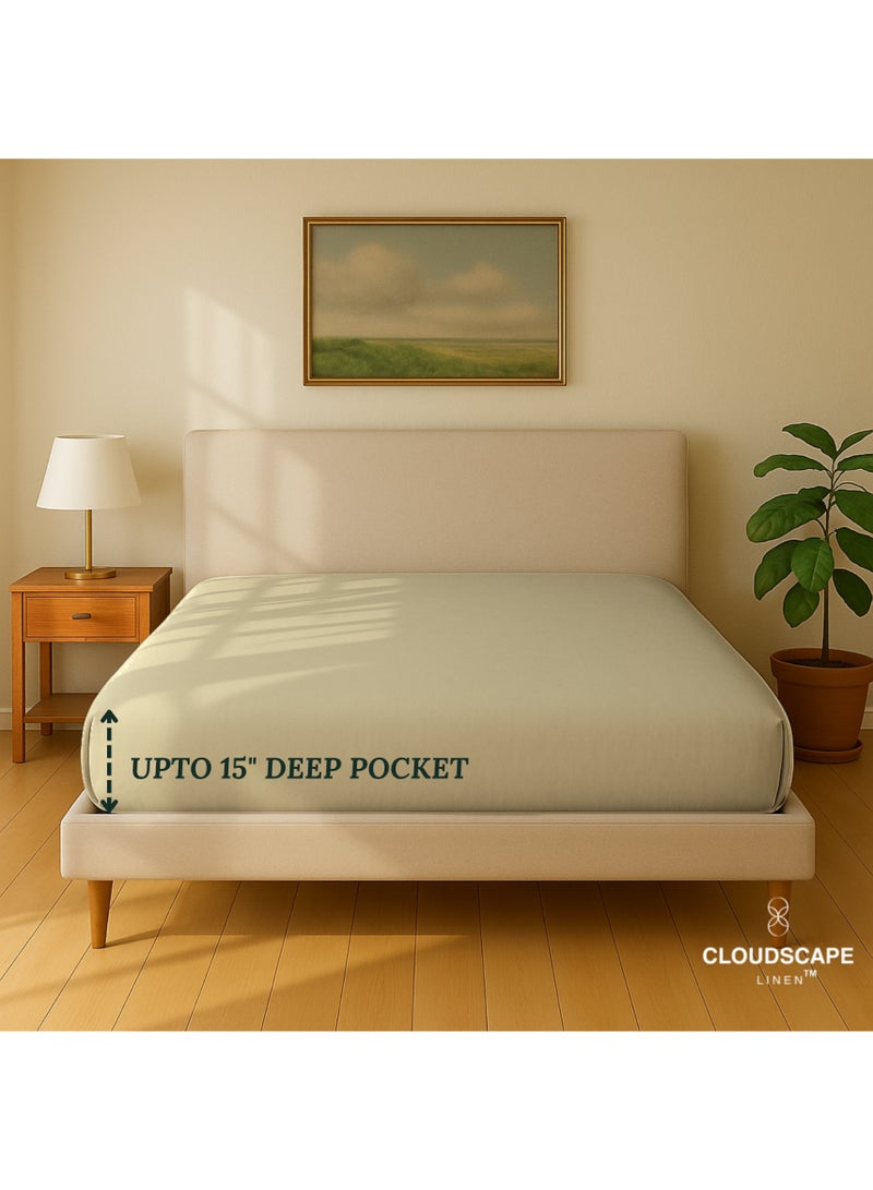 Cloud Scape Linen 600 Thread Count Egyptian Cotton Fitted Sheet ( Super King, Linen) - Image 2