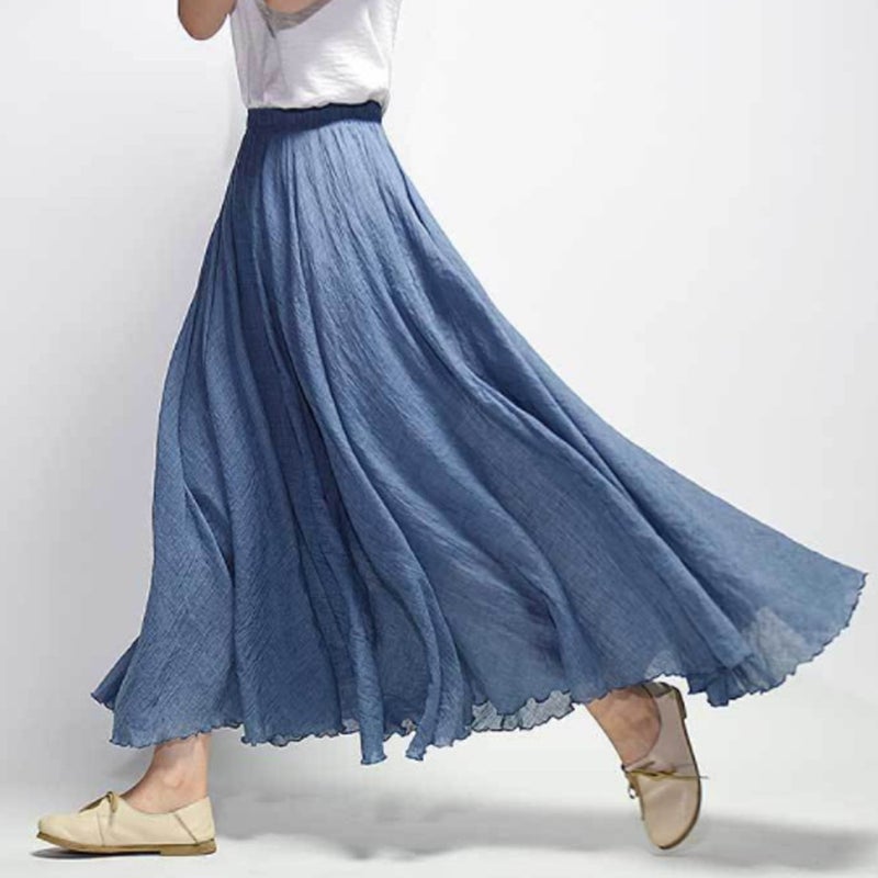 Kafeimali Women Bohemian Cotton Linen Double Layer Elastic Waist Long Maxi Skirt (Navy Blue, 95CM-Length) - Image 2