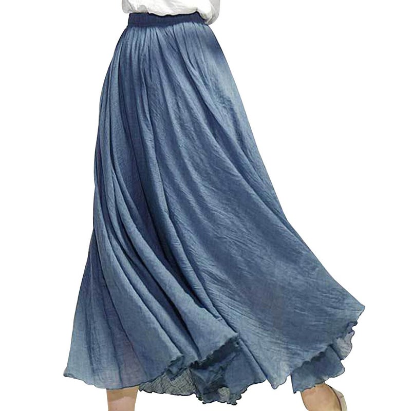 Kafeimali Women Bohemian Cotton Linen Double Layer Elastic Waist Long Maxi Skirt (Navy Blue, 95CM-Length) - Image 1
