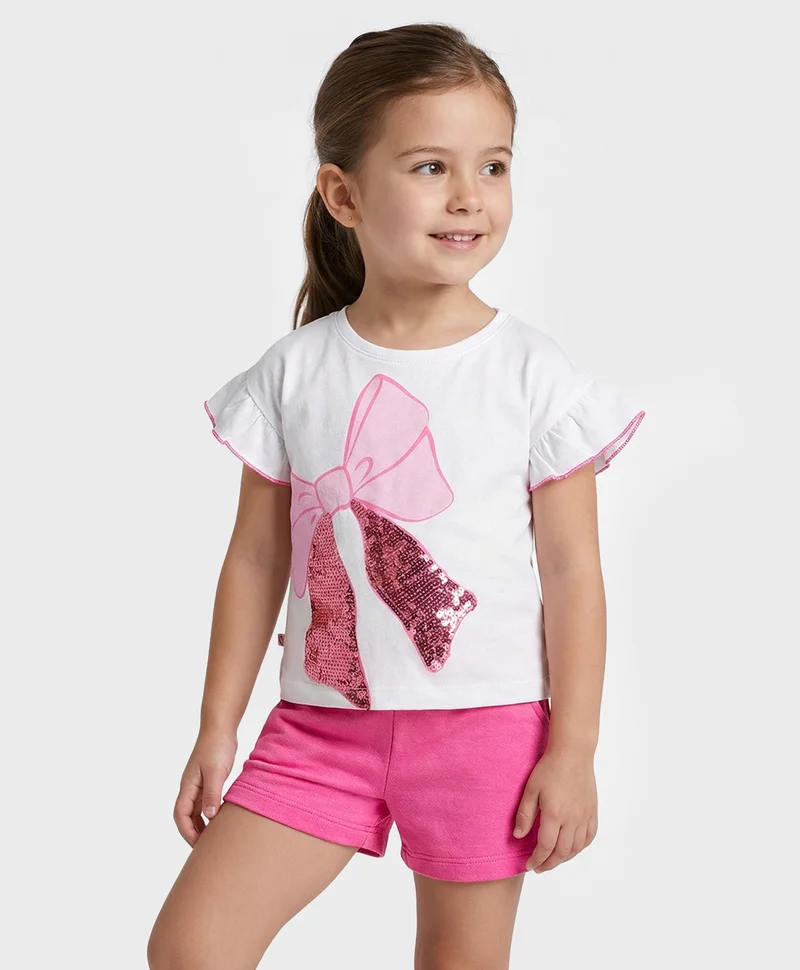 Bonfino Bonfino 100% Cotton Flutter Sleeves T-shirt With Sequin Embroidery & Solid Shorts Set - White/Pink
