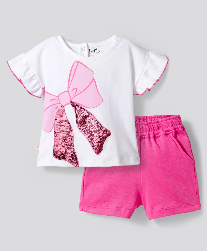 Bonfino Bonfino 100% Cotton Flutter Sleeves T-shirt With Sequin Embroidery & Solid Shorts Set - White/Pink