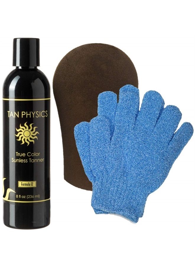 Tan Physics True Color Tanner 8 Ounces w/FREE Tanning Mitt and Exfoliation Gloves by Sans-Sun  - Image 1
