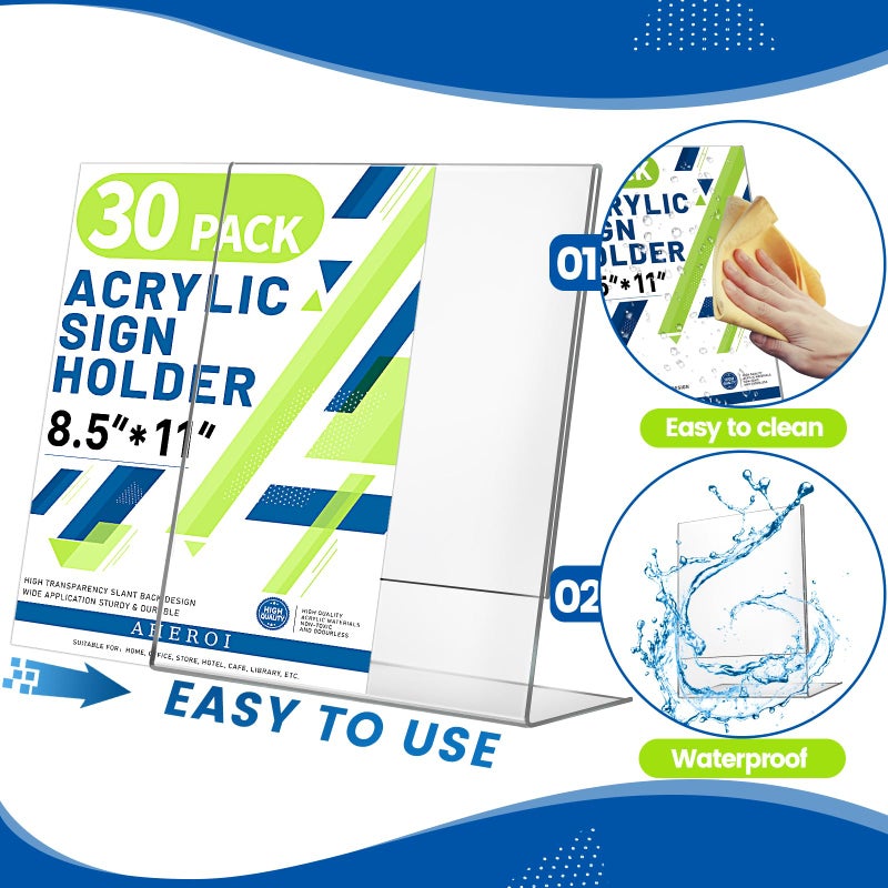 Aheroi حامل لافتات أكريليك Aheroi 8.5 × 11، 30 قطعة حامل لافتات بلاستيكي 8.5 × 11 قائم، حوامل ورقية شفافة لحامل الوثائق الأكريليكي، قواعد بلاستيكية لعرض المنشورات، مستلزمات مكتب ومدرسة للطاولة - Image 4