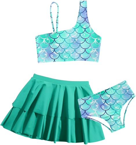 RAISEVERN Girls Bathing Suit 5T 3 Piece Mermaid Swimsuit Size 6 Adjustable Spaghetti Strap Green Scales Bikini Sets with Ruffle Cover Ups Beach Skirt Cute Quick Dry Tankini Summer Swimwear - Image 1