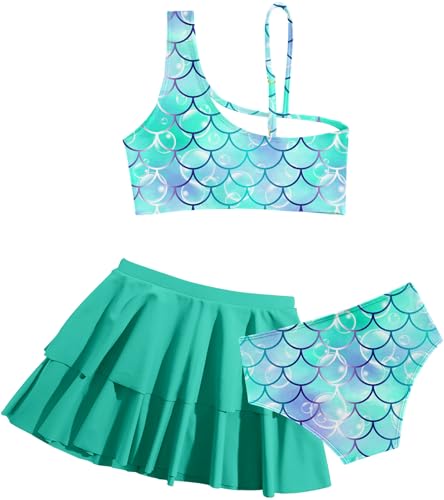 RAISEVERN Girls Bathing Suit 5T 3 Piece Mermaid Swimsuit Size 6 Adjustable Spaghetti Strap Green Scales Bikini Sets with Ruffle Cover Ups Beach Skirt Cute Quick Dry Tankini Summer Swimwear - Image 2