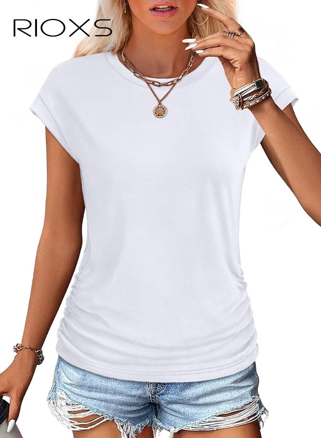 RIOXS Womens T Shirts, Trendy Ruched Cap Short Sleeve T-shirts, Crew Neck T Shirts For Women, Essential Style Solid T-shirts, Ladies Summer Tops, Fashion Streetwear Tee, Basic T-shirt For Women - Image 1