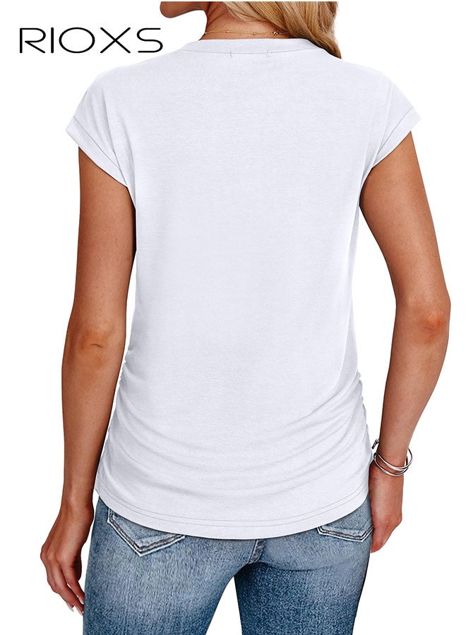 RIOXS Womens T Shirts, Trendy Ruched Cap Short Sleeve T-shirts, Crew Neck T Shirts For Women, Essential Style Solid T-shirts, Ladies Summer Tops, Fashion Streetwear Tee, Basic T-shirt For Women - Image 4