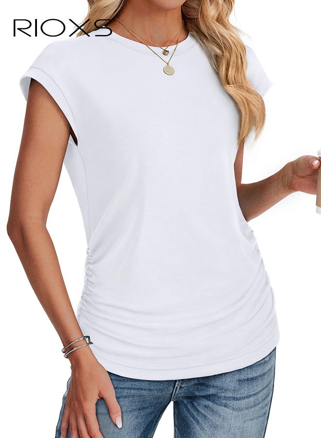 RIOXS Womens T Shirts, Trendy Ruched Cap Short Sleeve T-shirts, Crew Neck T Shirts For Women, Essential Style Solid T-shirts, Ladies Summer Tops, Fashion Streetwear Tee, Basic T-shirt For Women - Image 3