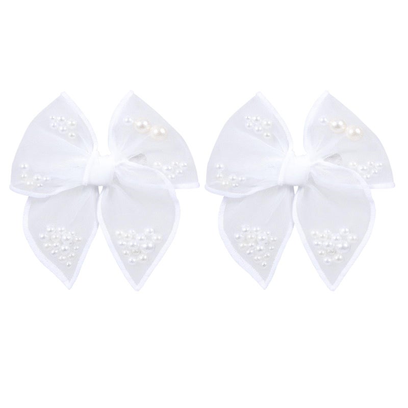 Miroksh White Pearl Fable Hair Bow Clips for Flower Girls Wedding 4" Mesh Tulle Ribbon Shaker Bow Alligator Hairpins Toddlers Pageant 1st Communion Party Dress Decor Accessory Gift - Image 1