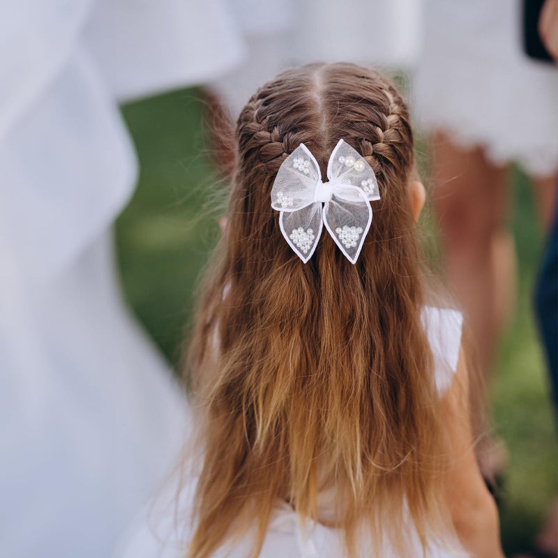 Miroksh White Pearl Fable Hair Bow Clips for Flower Girls Wedding 4" Mesh Tulle Ribbon Shaker Bow Alligator Hairpins Toddlers Pageant 1st Communion Party Dress Decor Accessory Gift - Image 4