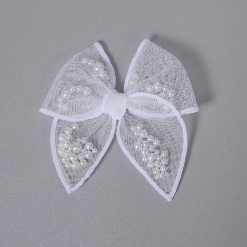 Miroksh White Pearl Fable Hair Bow Clips for Flower Girls Wedding 4" Mesh Tulle Ribbon Shaker Bow Alligator Hairpins Toddlers Pageant 1st Communion Party Dress Decor Accessory Gift - Image 5