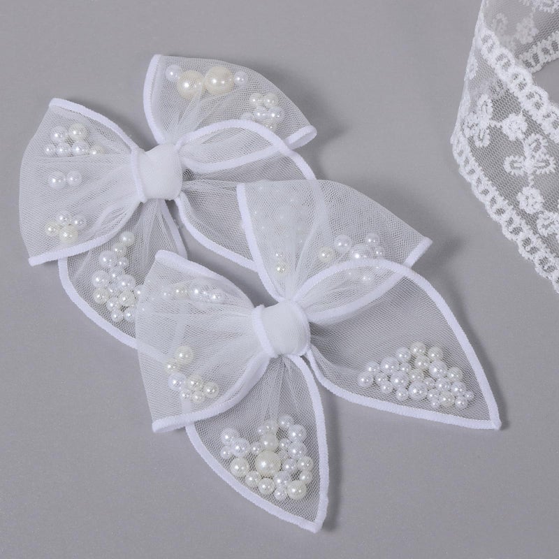 Miroksh White Pearl Fable Hair Bow Clips for Flower Girls Wedding 4" Mesh Tulle Ribbon Shaker Bow Alligator Hairpins Toddlers Pageant 1st Communion Party Dress Decor Accessory Gift - Image 2