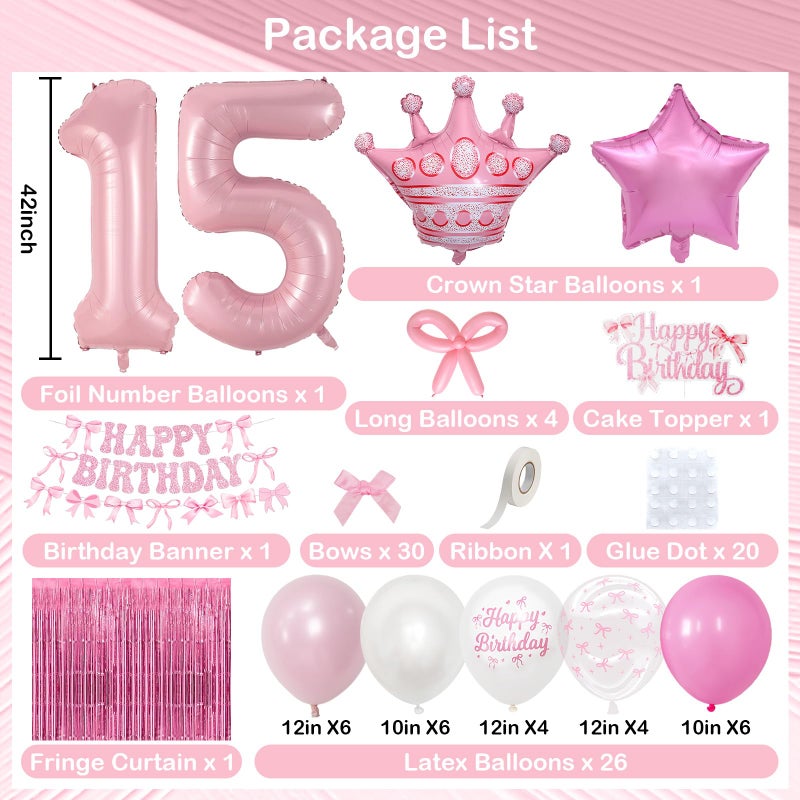 Togvu 15th Pink Bow Birthday Decorations for Girls, Coquette Party Decor Include 40 Inch Foil Number 15 Crown Star Balloon Double Stuffed Balloon Pink Bows Cake Topper Happy Birthday Banner Fringe Curtain - Image 2