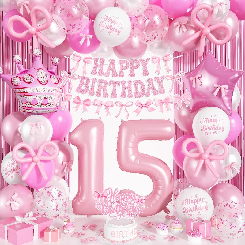 Togvu 15th Pink Bow Birthday Decorations for Girls, Coquette Party Decor Include 40 Inch Foil Number 15 Crown Star Balloon Double Stuffed Balloon Pink Bows Cake Topper Happy Birthday Banner Fringe Curtain - Image 1