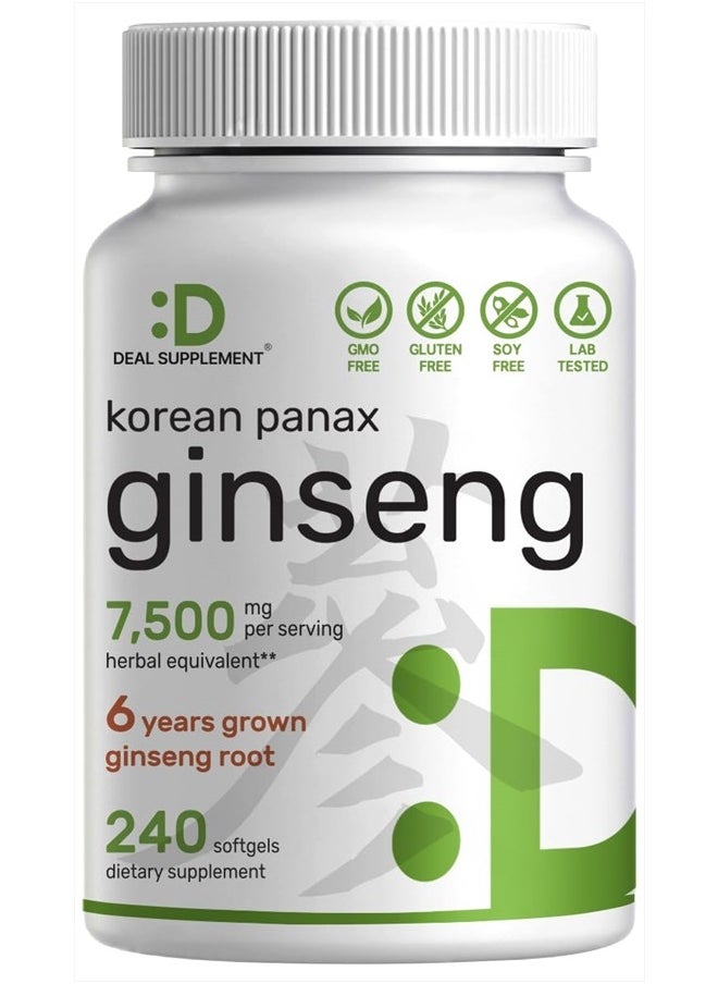 DEAL SUPPLEMENT Korean Red Panax Ginseng Root Extract, 7,500mg Per Serving, 240 Softgels – 150mg Active Ginsenosides, 5:1 Max Strength Extract – Energy & Immune Health Supplement – Non-GMO  - Image 1