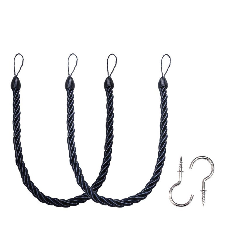 BEL AVENIR Curtain Ropes Tiebacks Tie-Backs Curtain Handmade Holdbacks with 2 Metal Screw Hooks (Navy, 2pack) - Image 1