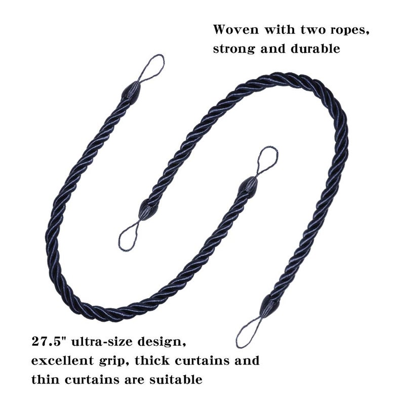 BEL AVENIR Curtain Ropes Tiebacks Tie-Backs Curtain Handmade Holdbacks with 2 Metal Screw Hooks (Navy, 2pack) - Image 3