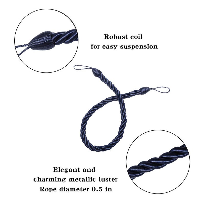 BEL AVENIR Curtain Ropes Tiebacks Tie-Backs Curtain Handmade Holdbacks with 2 Metal Screw Hooks (Navy, 2pack) - Image 2