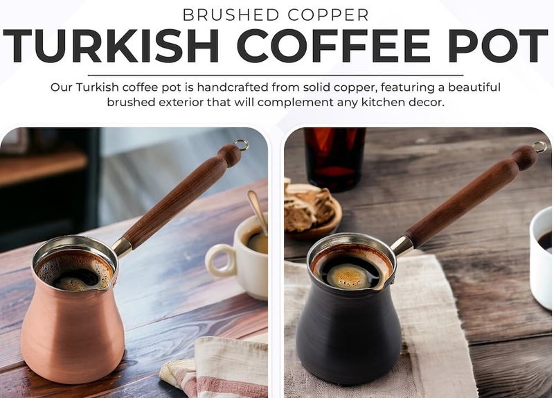 DEMMEX Summer 2024 Brushed Copper Turkish Coffee Pot, Cezve Ibrik Briki, Stovetop Greek Arabic Coffee Maker, Copper & Wooden Handle & Tin Lining, 100% Handcrafted (Patina, 15 fl Oz/5-6 ppl) - Image 2