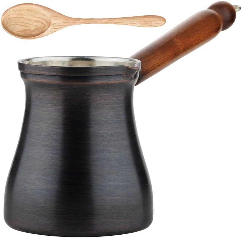 DEMMEX Summer 2024 Brushed Copper Turkish Coffee Pot, Cezve Ibrik Briki, Stovetop Greek Arabic Coffee Maker, Copper & Wooden Handle & Tin Lining, 100% Handcrafted (Patina, 15 fl Oz/5-6 ppl) - Image 1