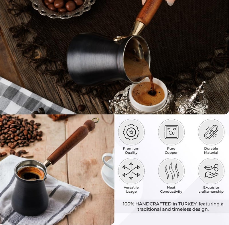 DEMMEX Summer 2024 Brushed Copper Turkish Coffee Pot, Cezve Ibrik Briki, Stovetop Greek Arabic Coffee Maker, Copper & Wooden Handle & Tin Lining, 100% Handcrafted (Patina, 15 fl Oz/5-6 ppl) - Image 5