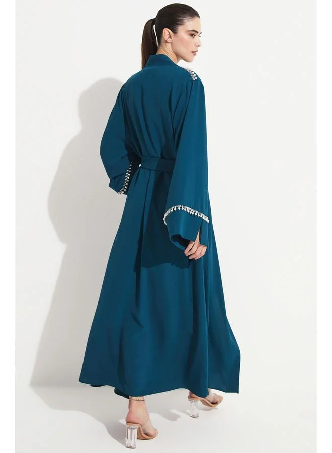 JUNE June Stoned Waist Tie Detail Abaya Teal
