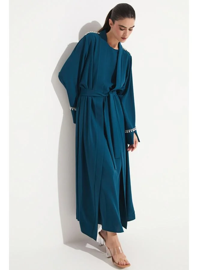 JUNE June Stoned Waist Tie Detail Abaya Teal