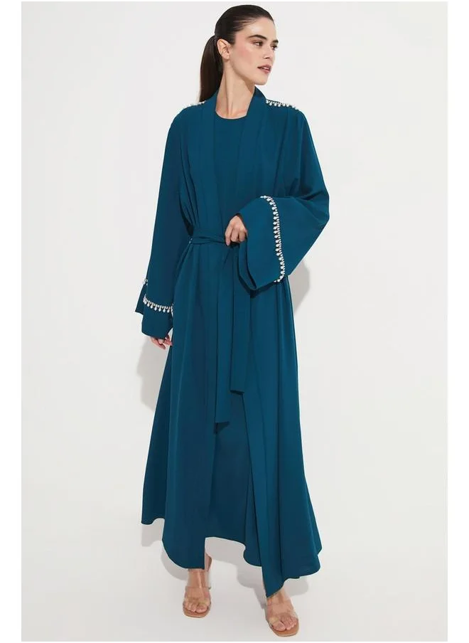 جون June Stoned Waist Tie Detail Abaya Teal