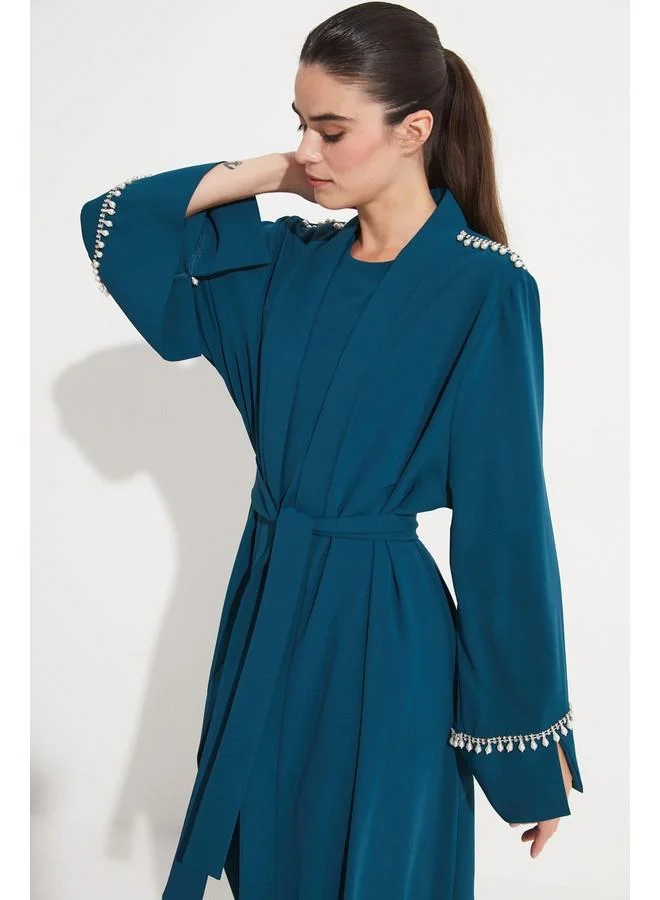 JUNE June Stoned Waist Tie Detail Abaya Teal