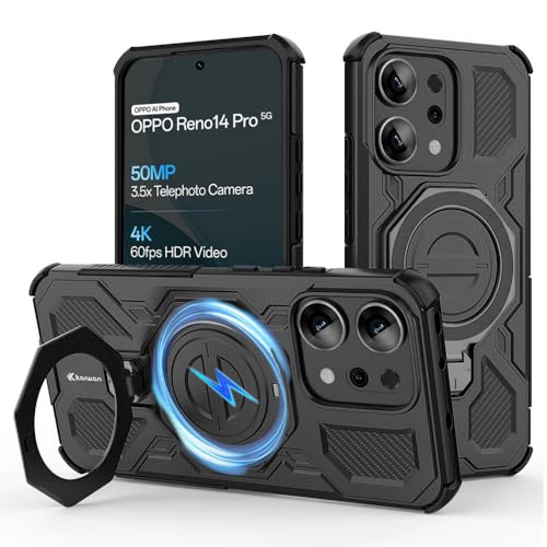 KARWAN Tough Shockproof Armor Back Case Cover Compatible with Oppo Reno 14 Pro with 360 Degree Rotation Magnetic Attraction Ring, Holder Heavy Duty Rugged Cover with MagEaze Wireless Charging (Black) - Image 1